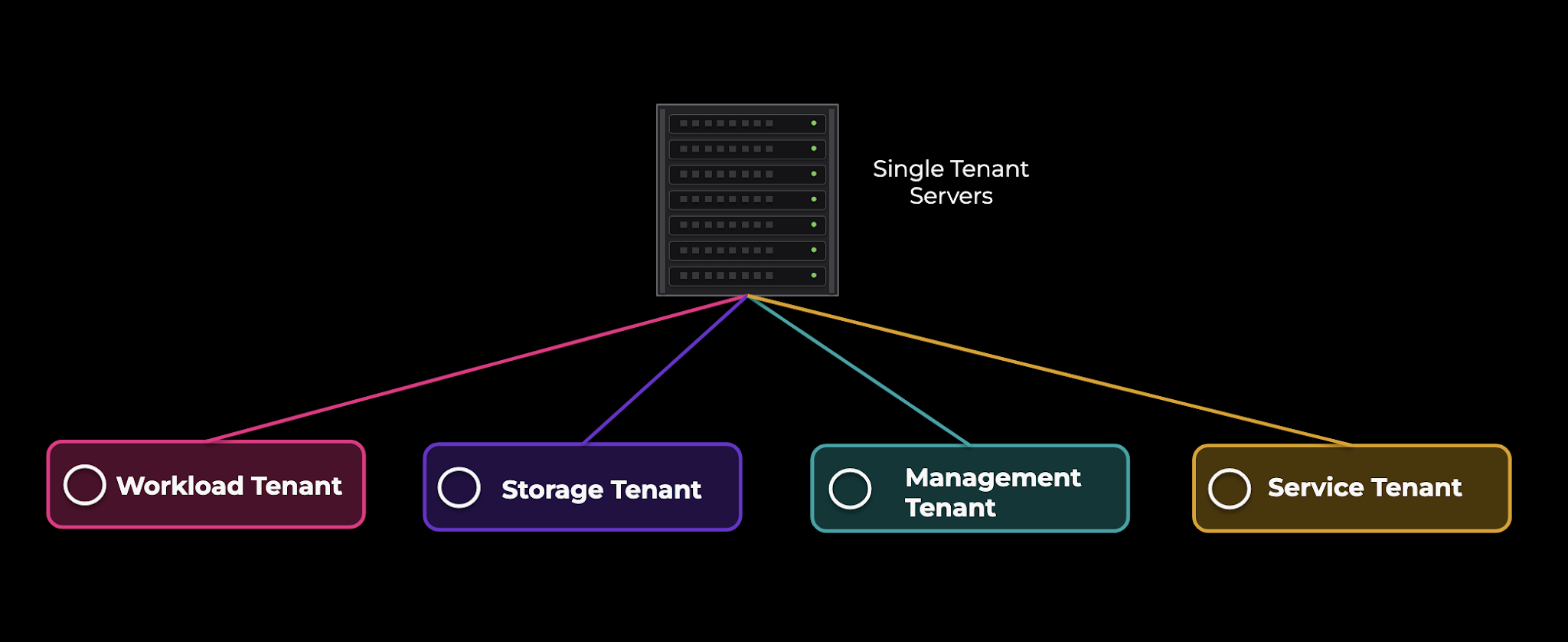 Single-tenant servers separated into workload, storage, management, and service tenants